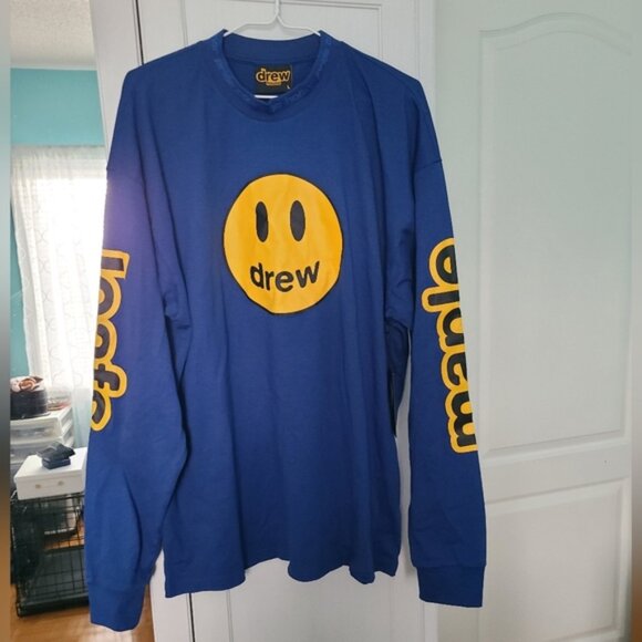 Leafs X Justin Bieber Drew House Blue Smiley Long Sleeved Mock Neck Shirt L - Picture 1 of 15